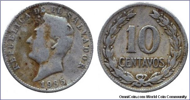 El Salvador, 10 centavos, 1985, Cu-Ni-Zn, General Francisco Morazan.                                                                                                                                                                                                                                                                                                                                                                                                                                                