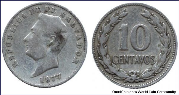 El Salvador, 10 centavos, 1977, Cu-Ni, General Francisco Morazan.                                                                                                                                                                                                                                                                                                                                                                                                                                                   