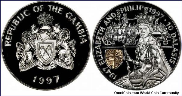 Silver proof crown with ive gold plating, for the Queen's Golden Wedding in 1997. Part of an international collection.