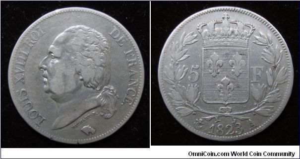 1823 A 5 francs, Louis XVIII au buste nu