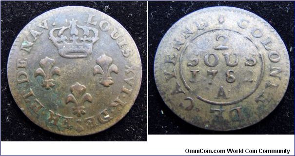 1782 A 2 sous Colonie de Cayenne (French Guyana)