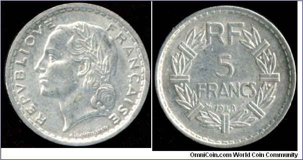 5 Francs 1948 with an open 9. Aluminium coin
