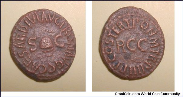 CALIGULA Quadrans. C CAESAR DIVI AVG PRON AVG, pileus between S-C / PONT M TR P III PP COS DES III around large RCC.