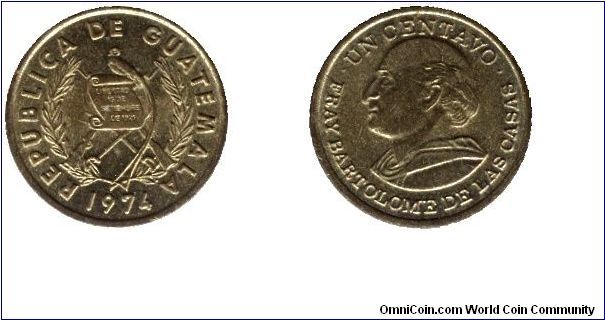 Guatemala, 1 centavo, 1971, Brass, Fray Bartolome de las Casas, large head.                                                                                                                                                                                                                                                                                                                                                                                                                                         