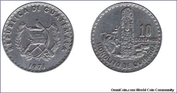 Guatemala, 10 centavos, 1971, Cu-Ni, Monolito de Quirigua.                                                                                                                                                                                                                                                                                                                                                                                                                                                          