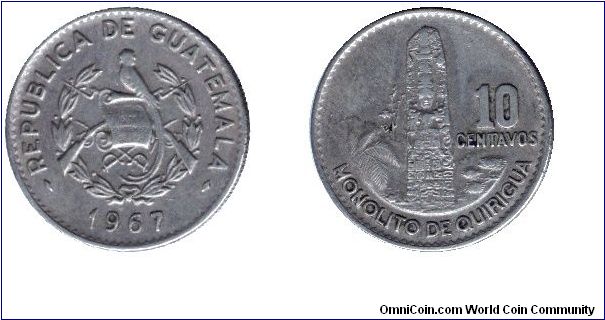 Guatemala, 10 centavos, 1967, Cu-Ni, Monolito de Quirigua.                                                                                                                                                                                                                                                                                                                                                                                                                                                          