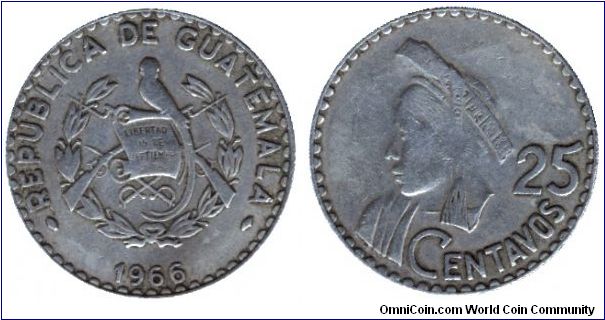 Guatemala, 25 centavos, 1966, Cu-Ni, Indian head.                                                                                                                                                                                                                                                                                                                                                                                                                                                                   