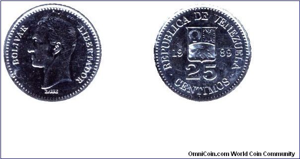 Venezuela, 25 centimos, 1989, Ni, Liberator Bolivar, variant.                                                                                                                                                                                                                                                                                                                                                                                                                                                       