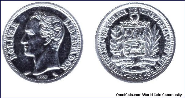 Venezuela, 1 bolivar, 1965, Ag, Libertador Bolivar.                                                                                                                                                                                                                                                                                                                                                                                                                                                                 