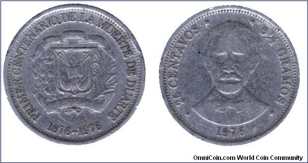 Dominican Republic, 25 centavos, 1976, Cu-Ni, 1876-1976, J. P. Duarte Centenary.                                                                                                                                                                                                                                                                                                                                                                                                                                    