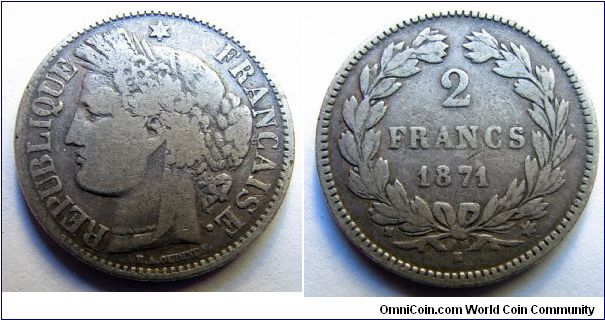 1871 K 2 francs, no motto on reverse