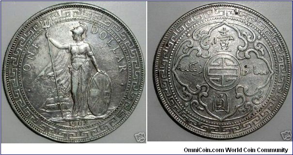 Calcutta Mint (C)the mint mark is located between the Left foot and the base of the sheld. In 1900, 1901, and 1902 trade dollars were also minted in Calcutta - the numbers issued were relatively small.