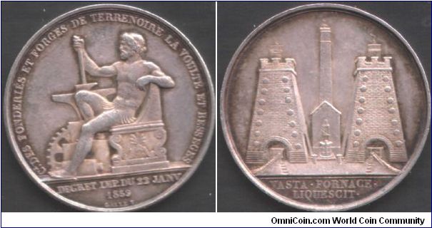 Another scarce silver jeton de presence, this time issued for the Foundries and Forge of Terrenoire (Lyon). Inerestingly, the first steel rail laid on the Central Pacific Railroad came from this French steel producer.