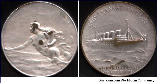 Silvered bronze jeton de presence / medalet issued circa 1912 to shareholders in the `Compagnie Generale Transatlantique'. The ship depicted is the first S.S. France (launched 1912, scrapped 1936).