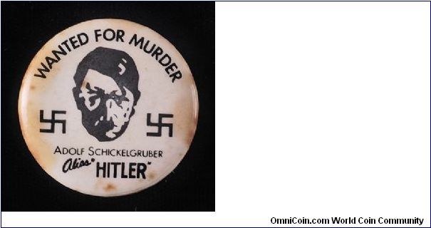 Celluloid anti-Hitler political button.