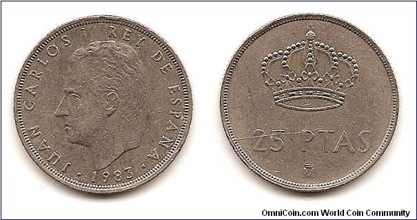 25 Pesetas
KM#824
8.5000 g., Copper-Nickel, 26.5 mm. Ruler: Juan Carlos I Obv:
Head left Rev: Crown above value Edge: Reeded Note: Mint
mark: Crowned M; Similar to KM#808.