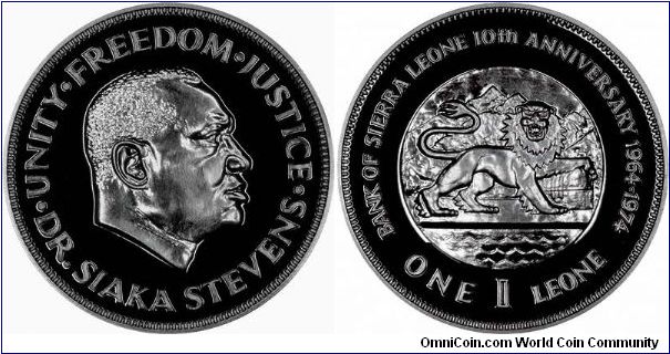 Dr. Siaka Stevens on obverse of 1974 Sierra Leone 1 leone.