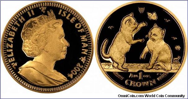Two Tonkinese kittens feature on the reverse  of this Manx gold 1/5th ounce 'crown'. Part of a series of 'cat' coins issued by the Isle of Man, with a different breed of cat each year.