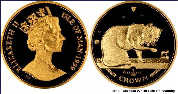 British Blue Cat on reverse of 1999 Manx 1/10 ounce gold 'crown'. Issued on weights from 1 ounce to 1/25th ounce.