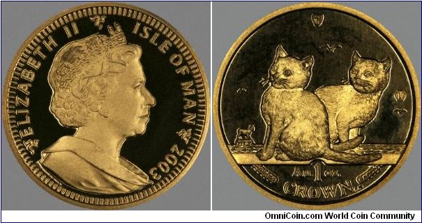 Two Balinese kittens on reverse of 2003 one ounce Manx gold crown.