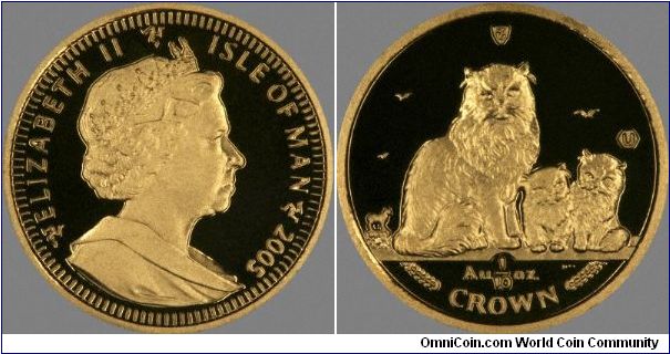 Himalayan cat with two kittens on reverse of 2005 Manx 1/10th ounce gold crown.
