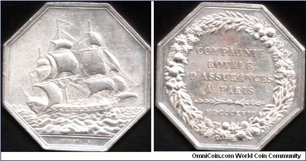 Original silver jeton of the Compagnie Royale, a maritime assurer based in paris. This jeton engraved by the renowned medallist Jean-Bertrand Andrieu.