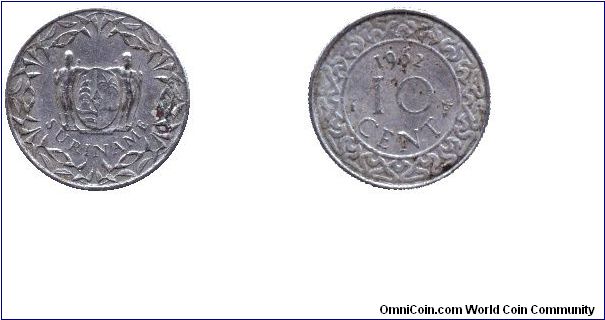 Suriname, 10 cent, 1962, Cu-Ni.                                                                                                                                                                                                                                                                                                                                                                                                                                                                                     
