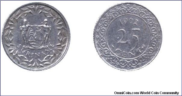 Suriname, 25 cent, 1962, Cu-Ni.                                                                                                                                                                                                                                                                                                                                                                                                                                                                                     
