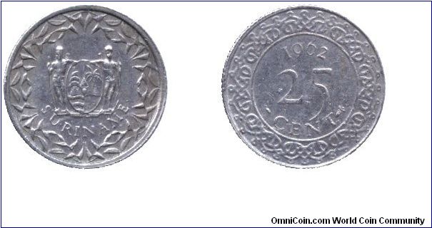 Suriname, 25 cent, 1962, Cu-Ni.                                                                                                                                                                                                                                                                                                                                                                                                                                                                                     