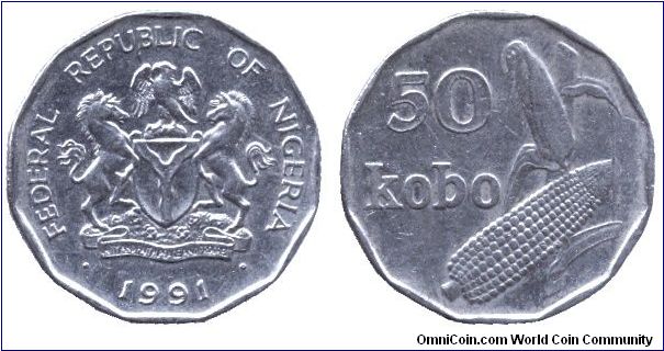 Nigeria, 50 kobo, 1991, Ni-Steel, Maize, unusual shape.                                                                                                                                                                                                                                                                                                                                                                                                                                                             