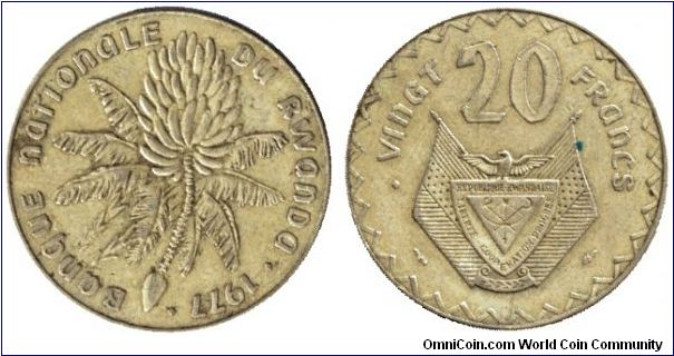 Rwanda, 20 francs, 1977, Brass, Banana tree.                                                                                                                                                                                                                                                                                                                                                                                                                                                                        