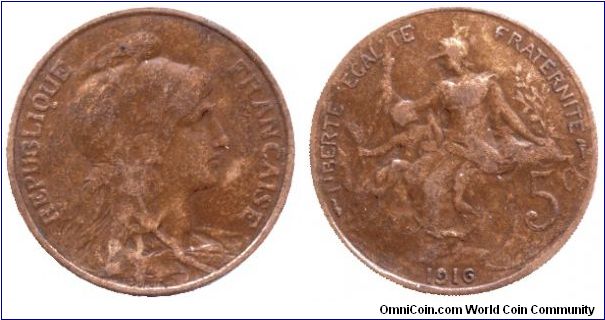 France, 5 centimes, 1916, Bronze.                                                                                                                                                                                                                                                                                                                                                                                                                                                                                   