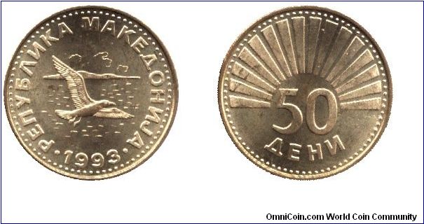 Macedonia, 50 deni, 1993, Brass,  Seagull flying off shore.                                                                                                                                                                                                                                                                                                                                                                                                                                                         