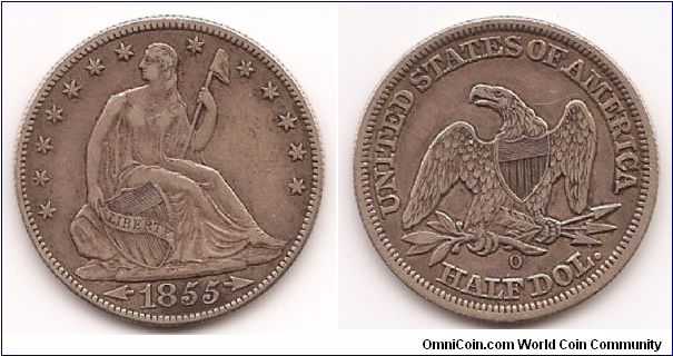 1855 - O - Seated Half Dollar. VF-XF.