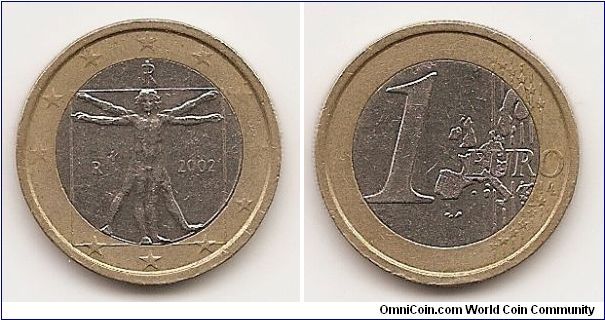 1 Euro
KM#216
7.5000 g., Bi-Metallic Copper-Nickel center in Brass ring, 23.2 mm.
Obv: Male figure drawing by Leonardo da Vinci within circle of stars
Obv. Designer: Laura Cretara Rev: Value and map within circle
Rev. Designer: Luc Luycx Edge: Reeded and plain sections