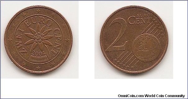 2 Euro cents
KM#3083
3.0700 g., Copper Plated Steel, 18.69 mm. Obv: Edelweiss
flower in inner circle, stars in outer circle Obv. Legend: ZWEI
EURO CENT Obv. Designer: Josef Kaiser Rev: Denomination
and globe Rev. Designer: Luc Luycx Edge: Plain