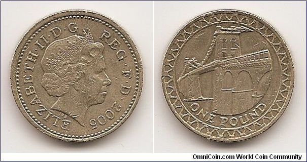 1 Pound
KM#1051
9.50 g., Nickel-Brass, 22.5 mm. Ruler: Elizabeth II Obv: Head with tiara right Rev: Menai Bridge to the Isle of Anglesey Edge: Reeded and ornamented Mint: British Royal Mint