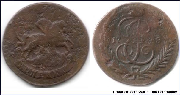 1788 1 kopek
Moscow Mint
oversruck on 1762 2 kopek of Peter III