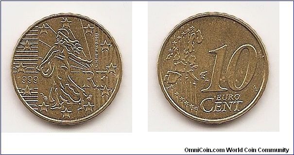 10 Euro cents
KM#1285
4.0700 g., Brass, 19.7 mm. Obv: The seed sower divides date
and RF Rev: Denomination and map Edge: Reeded