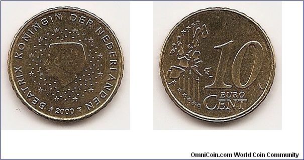 10 Euro cents
KM#237
4.1000 g., Brass, 19.7 mm. Ruler: Beatrix Obv: Head left among
stars Rev: Value and map