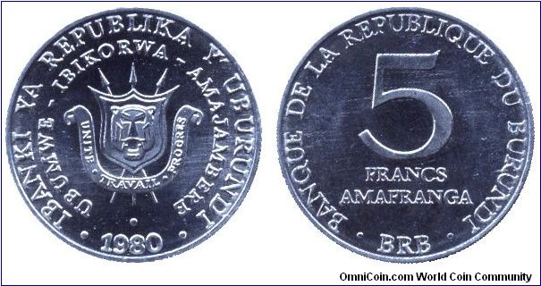 Burundi, 5 francs, 1980, Al, Unite, Travail, Progres                                                                                                                                                                                                                                                                                                                                                                                                                                                                