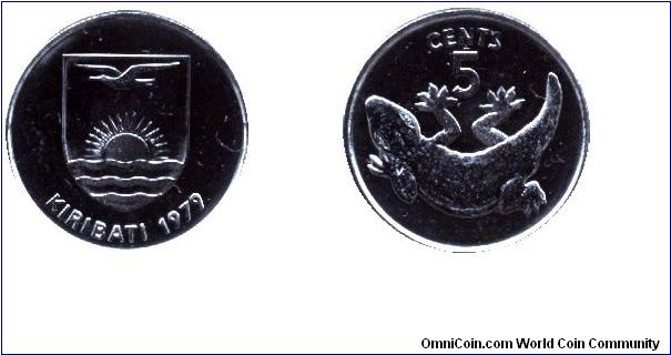 Kiribati, 5 cents, 1979, Cu-Ni, Tokai lizard.                                                                                                                                                                                                                                                                                                                                                                                                                                                                       