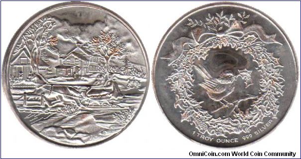 1 troy ounce .999 Silver - horse drawn sleigh / small bird in a holly wreath