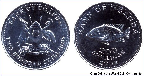 Uganda, 200 shillings, 2003, fish.                                                                                                                                                                                                                                                                                                                                                                                                                                                                                  