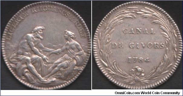 Beautiful silver jeton issued to mark the opening of the Canal de Givors (Lyon) in 1784