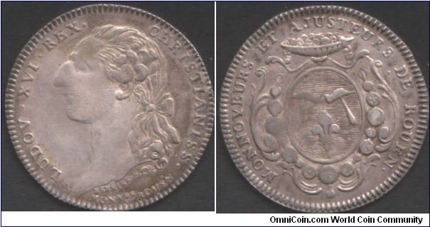 Scarcer silver jeton of the Moneyers and Adjusters of Rouen (mint). This fairly weakly struck jeton has a bust of Louis XVI by Bernier.