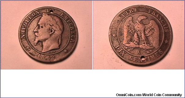 NAPOLEON III EMPEREUR
EMPIRE FRANCAIS DIX CENTIMES, A (PARIS) MINT MARK. bronze