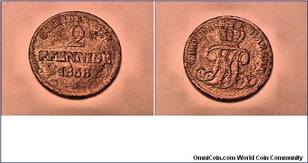 GERMAN STATE, BIRKENFELD, COUNTSHIP REGULAR ISSUE 2 PFENNING 1858-B, PAUL FRIEDRICH AUGUST OF OLDENBURG, copper