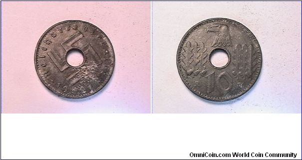 THIRD REICH,
10 REICHPFENNING
1940-A, MILITARY COINAGE
zinc