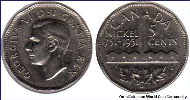 1951 5 cents - nickel refinery - commemorating the bicentennial of the isolation and naming of the element nickel by Swedish chemist A. F. Cronstedt in 1751